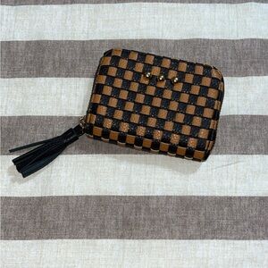 Checkerboard Zip-Around Tassel Wallet - Black & Brown
